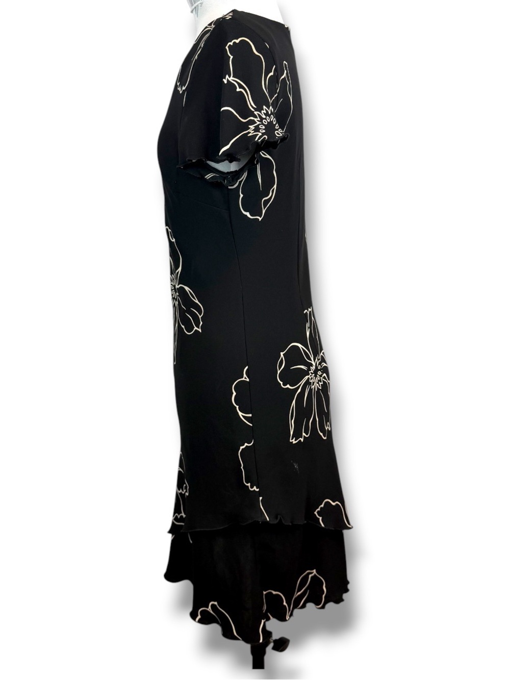 SL Fashions Black Floral Embroidered Midi‎ Dress V Neck Ruffle Hem Y2K Cocktail - Picture 2 of 6